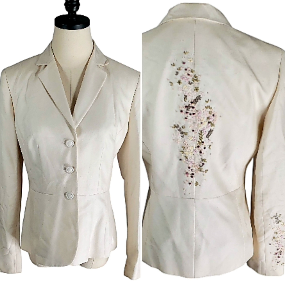 Vintage Kasper Slub Silk Bridal Event Get Away Shower Embroidered Blazer Jacket